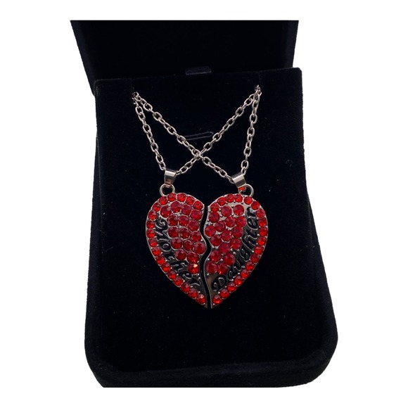 2 Piece Imitation Red Ruby Mother Daughter Heart Necklace Set Gift Box - Picture 1 of 6